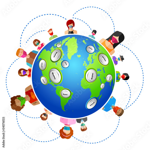 illustration of Medical background with people wearing mask around Earth showing World lockdown due to deadly Novel Coronavirus 19 epidemic outbreak