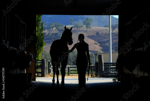 Horse and woman silhouette in barn showing a strapper walking a racehorse