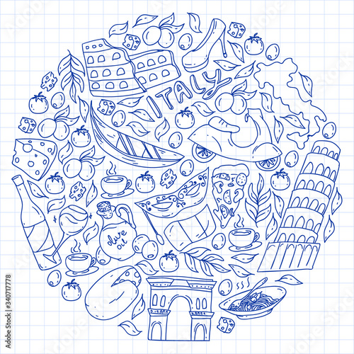 Italy vector elements and icons. Doodle pattern with italian culture, cities Roma, Venice, Milan, cheese, wine.