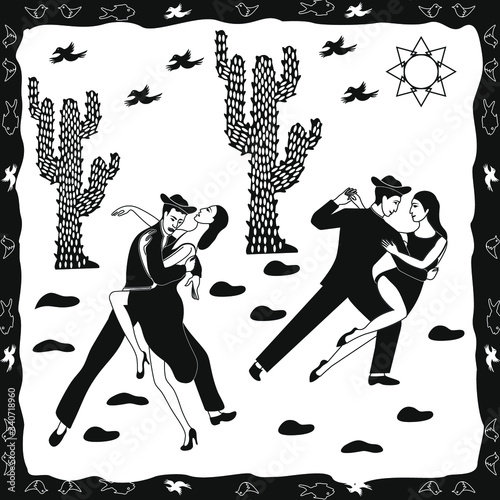 a person dancing in a cactus desert in the hot sun. illustration of cordel style