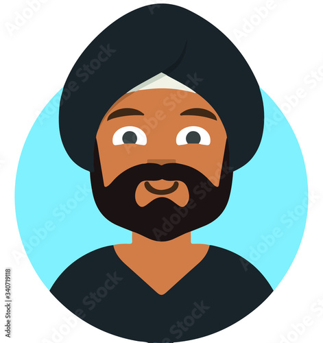  Islamic man in traditional arabic hat shemagh, khaliji or keffiyeh with mustache. Arab hat. Muslim hat. Arabic man. Arabian Turban. Hindu man. Human, flat vector illustration. Icon, character, eps.