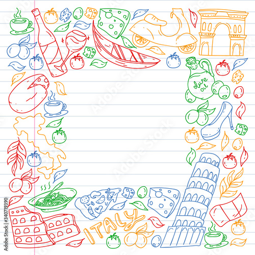 Italy vector elements and icons. Doodle pattern with italian culture, cities Roma, Venice, Milan, cheese, wine.