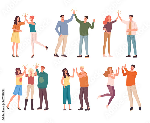 Group people characters give five informal meeting set. Vector flat cartoon graphic design illustration