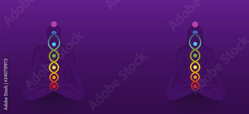 Kundalini - coiled snake. Meditating yoga couple with chakras on violet background, symbol for spiritual awakening, healing power and balance, celestial harmony and relaxation.
