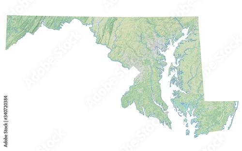 High resolution topographic map of Maryland with land cover, rivers and shaded relief in 1:1.000.000 scale.