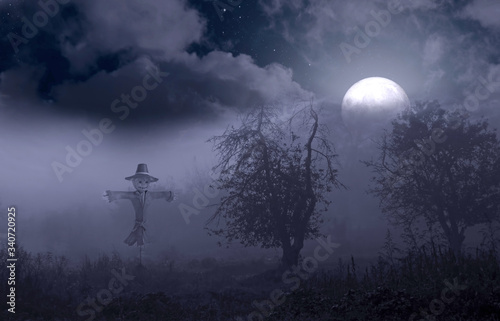 Night foggy mystical garden and a scarecrow against the backdrop of the full moon