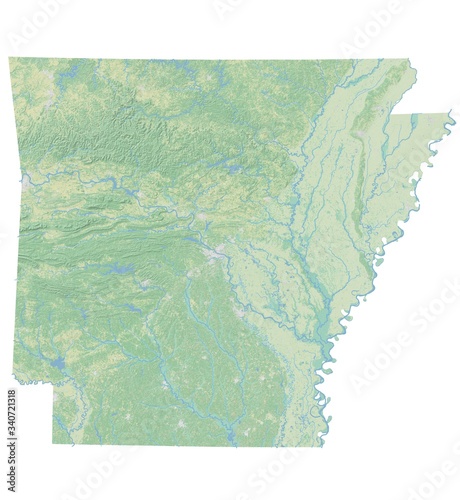 High resolution topographic map of Arkansas with land cover, rivers and shaded relief in 1:1.000.000 scale.