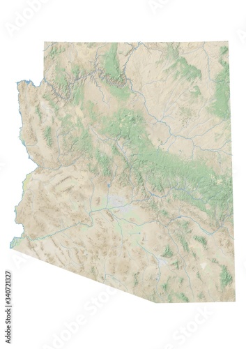 High resolution topographic map of Arizona with land cover, rivers and shaded relief in 1:1.000.000 scale.