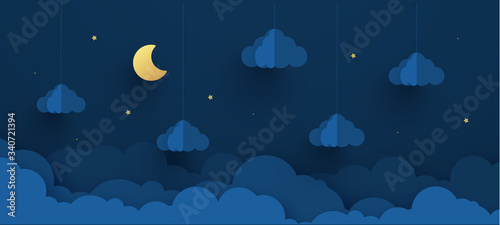 Paper cut night sky. Dreamy background with moon stars and clouds, abstract fantasy background. Vector origami styling design backdrop illustration