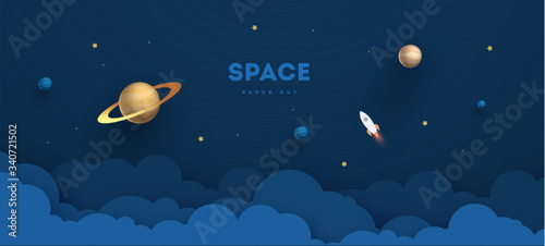 Paper cut moon, fluffy clouds, rocket, planets and stars in midnight. Modern 3d origami paper art style. Vector illustration, dark night sky. Vector illustration.