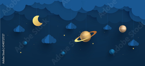 Paper cut night sky. Dreamy background with planets, stars and clouds, abstract fantasy background. Vector origami styling design backdrop illustration