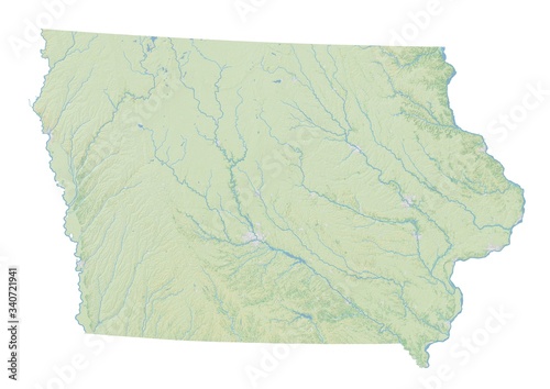 High resolution topographic map of Iowa with land cover, rivers and shaded relief in 1:1.000.000 scale.