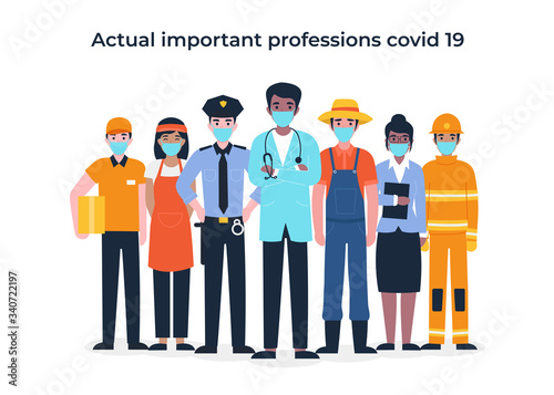International Labor Day. Set people characters actual important professions covid 19. Coronavirus pandemic, epidemic. Flat vector cartoon modern illustration concept for banner, poster, layout.