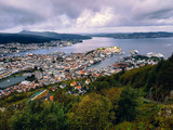 Panoramic view on the Norway city Bergen streets and buildings at cloudy weather