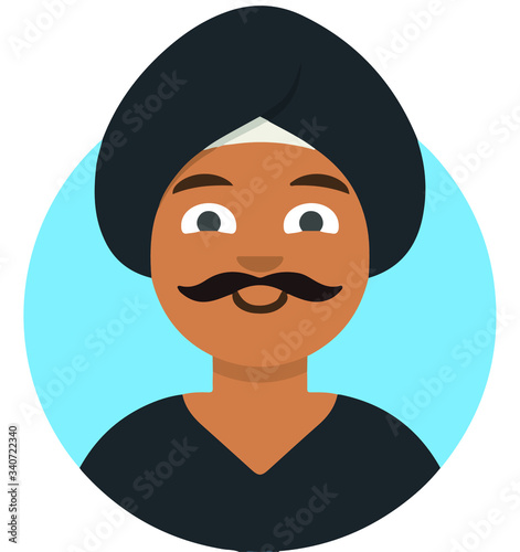  Islamic man in traditional arabic hat shemagh, khaliji or keffiyeh with mustache. Arab hat. Muslim hat. Arabic man. Arabian Turban. Hindu man. Human, flat vector illustration. Icon, character, eps.