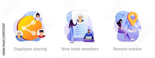 Employee sharing, new team members, remote worker metaphors. Vector isolated illustrations