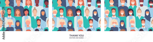 Set of modern vector seamless patterns in flat style. Healthcare workers, medical staff. Thank you doctors and nurses helping people to cope with novel coronavirus COVID-19. Quarantine. Stay home