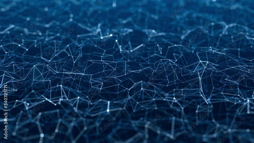 4K abstract blue background with moving particles and plexus lines. 3d rendering. Infographic. Depth of field. Seamless loopable animation.