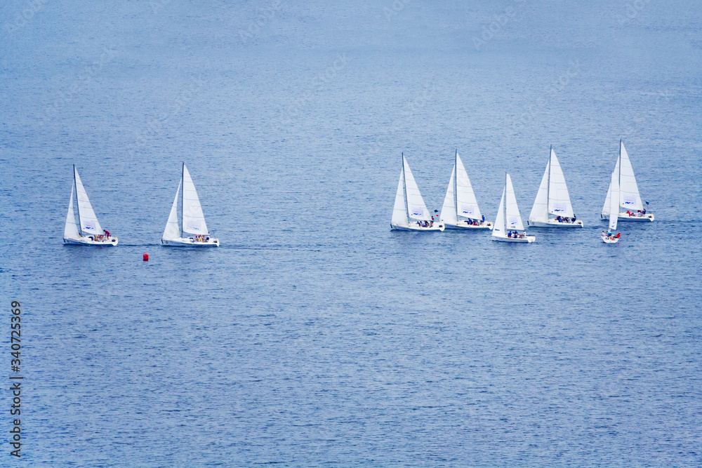 A group of small sailing boats on the blue water