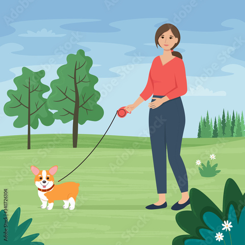 Woman walking with dog in the park. Spring or summer background. Cute Corgi. Flat vector illustration