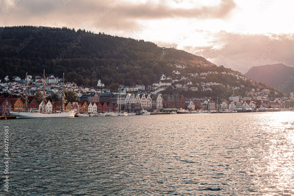 Fototapeta premium Panoramic view on the Norway city Bergen streets and buildings at cloudy weather