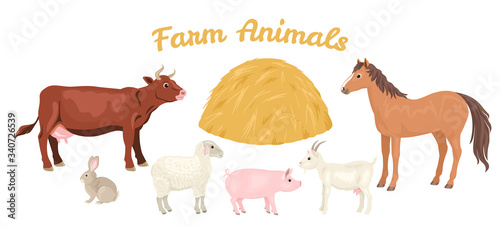 Farm animals set. Horse, cow, goat, sheep, pig, rabbit and haystack  isolated on white background. Vector illustration of  livestock in cartoon simple flat style.