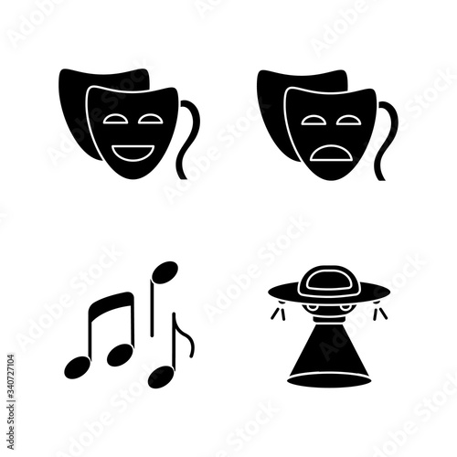 Traditional movie genres black glyph icons set on white space. Funny comedy, serious drama, musical and science fiction silhouette symbols. Common film categories. Vector isolated illustration