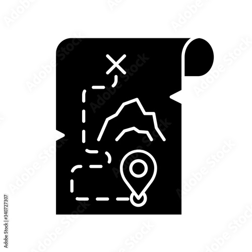 Adventure film black glyph icon. Popular movie genre, filmmaking category silhouette symbol on white space. Exciting story with travel and exploration. Treasure map vector isolated illustration
