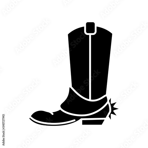 Western movie black glyph icon. Traditional american cinema genre, cowboy films silhouette symbol on white space. Cinematography, filmmaking category. Boot with spur vector isolated illustration