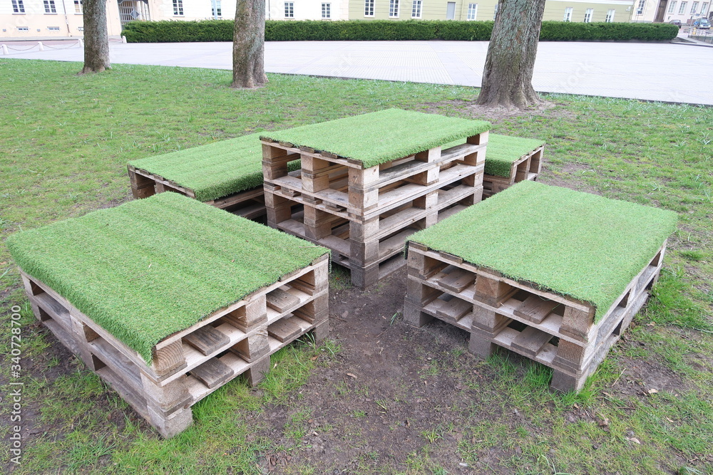 Eco-friendly furniture made of pallets. Table and seats made of pallets
Eco-friendly furniture made of pallets. Table and seats made of pallets