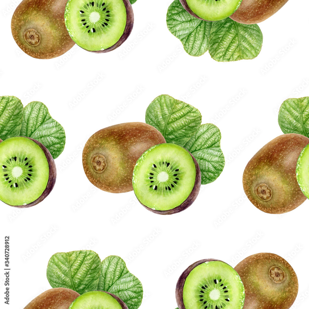 Fototapeta premium Kiwi fruit hand drawn watercolor illustration. Seamless pattern.