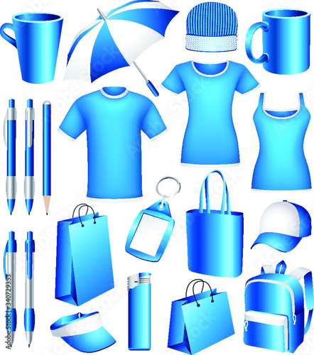 Set of blue, blank business corporate identity templates, gifts, packaging and souvenirs. Promotional. Vector.