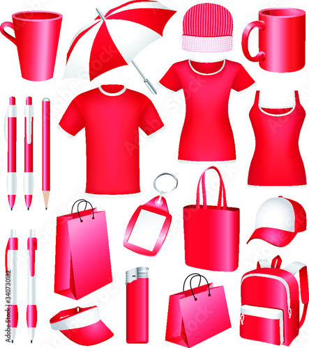 Set of red, blank business corporate identity templates, gifts, packaging and souvenirs. Promotional. Vector.