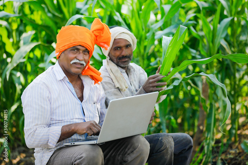 young indian farmer using laptop at field photo