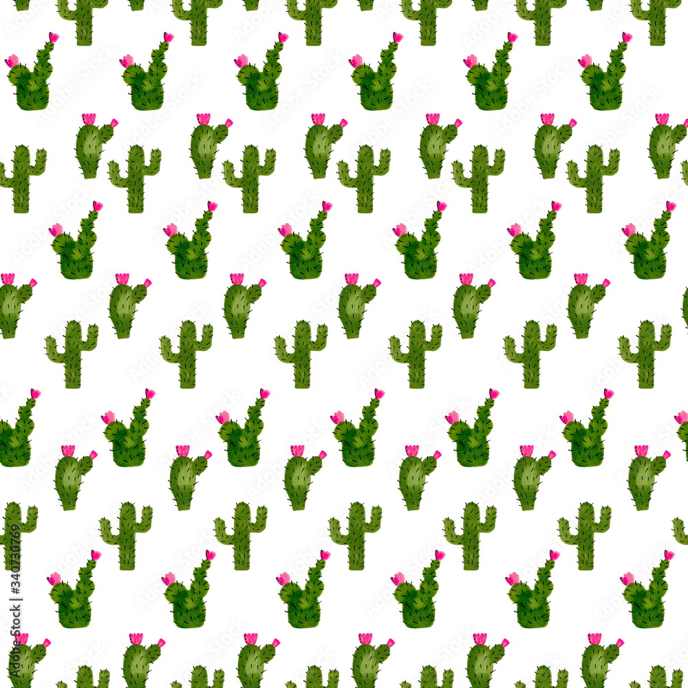 Cute hand drawn cacti seamless pattern. Watercolor / Marker illustration