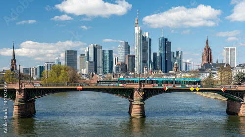 Frankfurt  Germany - March 31  2020  frankfurt skyline view with ignas bubis bridge during daytime