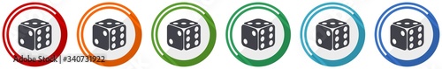 Dice, game, casino icon set, flat design vector illustration in 6 colors options for webdesign and mobile applications