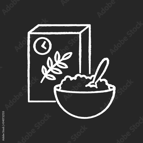 Breakfast and cereal chalk white icon on black background. Fresh muesli in bowl. Flakes products for eating in morning. Lunch meal in box package. Isolated vector chalkboard illustration