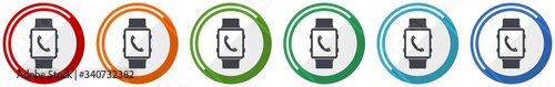 Smartwatch icon set, phone call flat design vector illustration in 6 colors options for webdesign and mobile applications