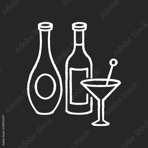Wine and spirits chalk white icon on black background. Alcoholic beverages in bottles. Martini in glassware. Bar menu. Various drinks. Booze, refreshment. Isolated vector chalkboard illustration