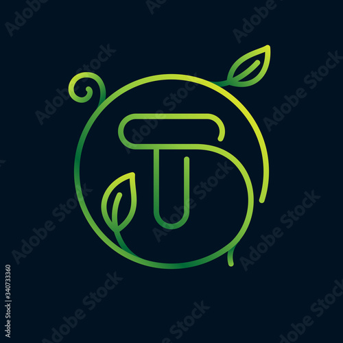 T letter leaf logo in a circle. Impossible one line style.