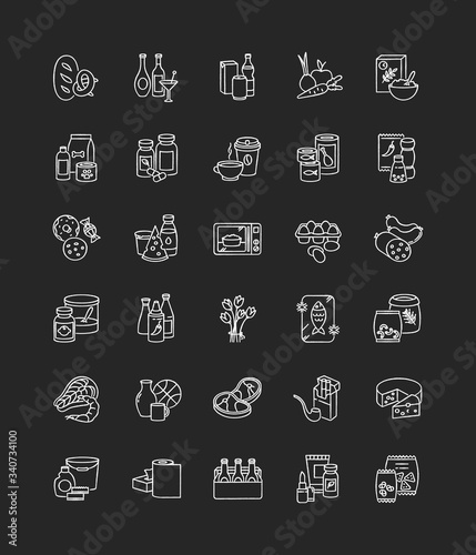 Groceries category chalk white icons set on black background. Various supermarket food sections. Drink products for ecommerce and retail. Store supplies. Isolated vector chalkboard illustrations