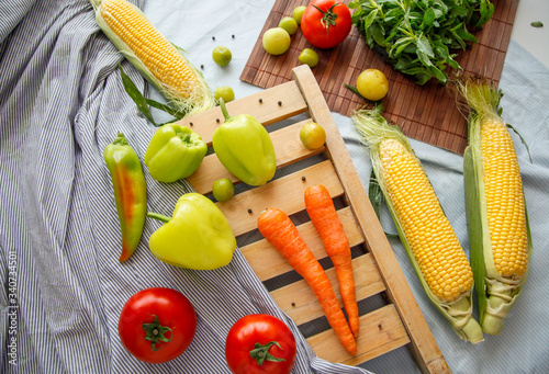 Flatlay of fresh vegetables. Frame of vegetables. Healthy feeding concept