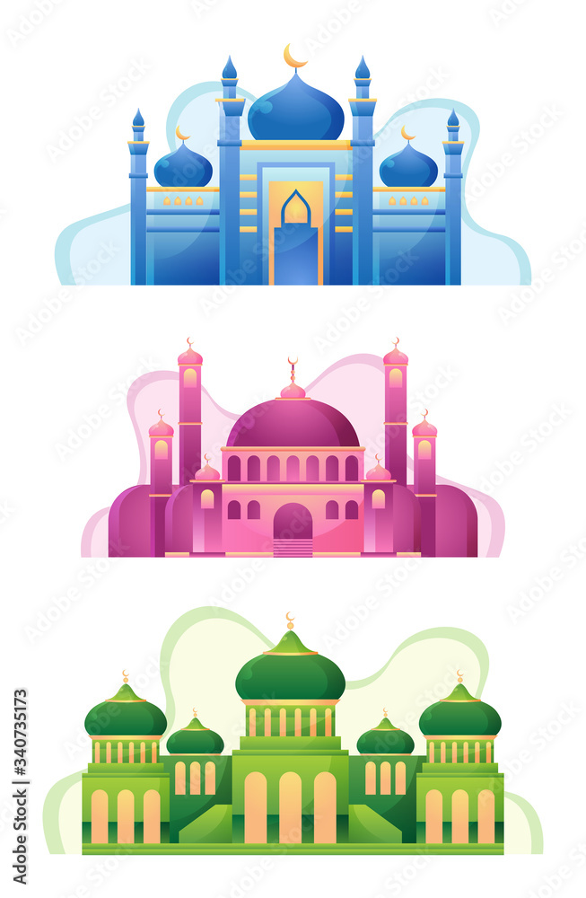 Set of Colourful Mosque Vector Illustration for Muslim Design or for Eid Mubarak and Ramadan Kareem
