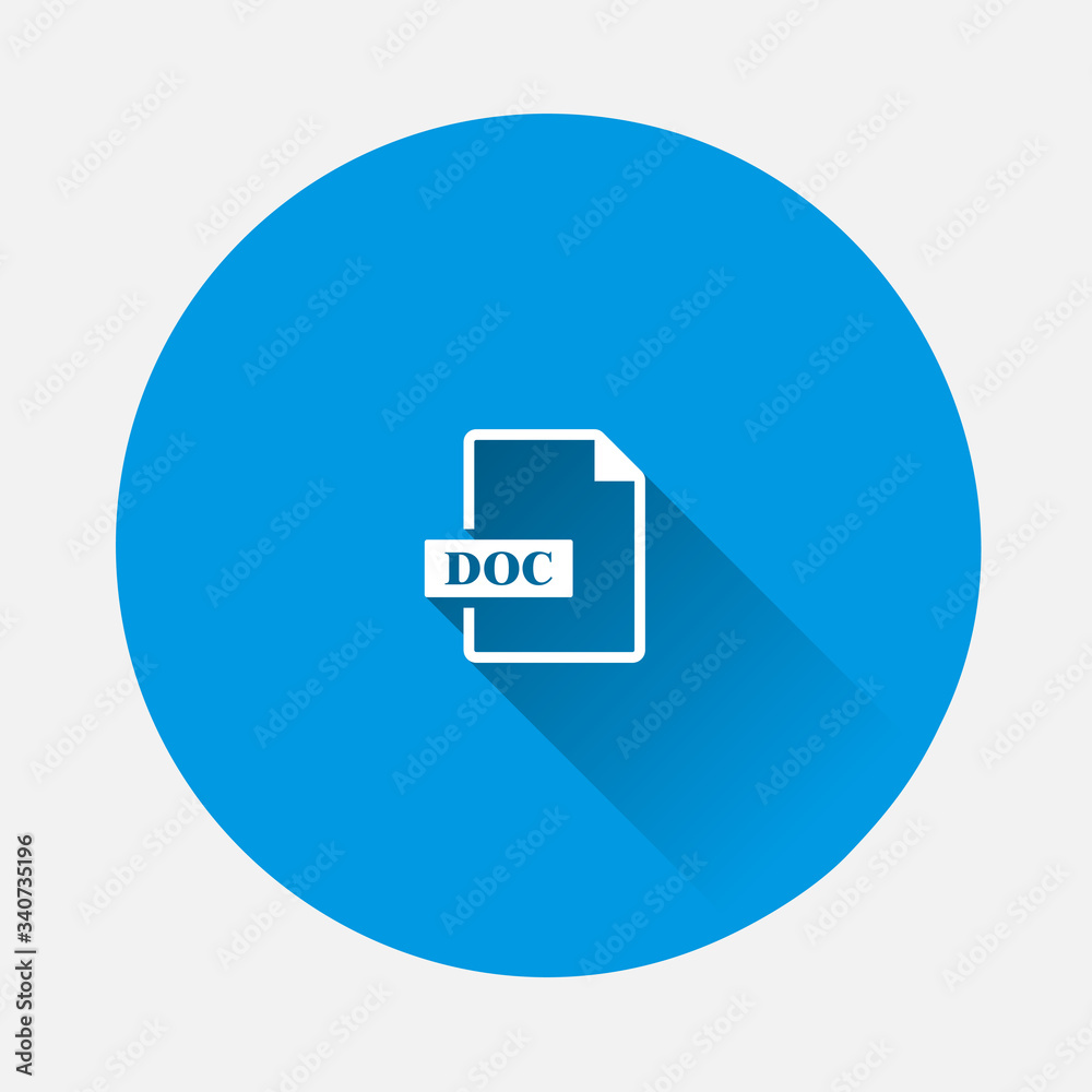 DOC icon. Downloads doc document icon on blue background. Flat image with long shadow. DOC icon. Downloads doc document icon on blue background. Flat image with long shadow.