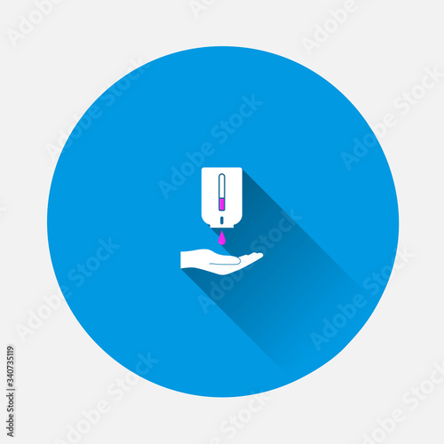 Hand disinfection soap disinfector vector icon on blue background. Flat image with long shadow.