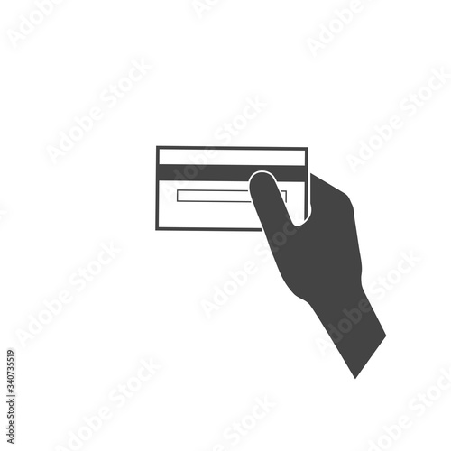 Vector icon hand holds a credit card on white isolated background.