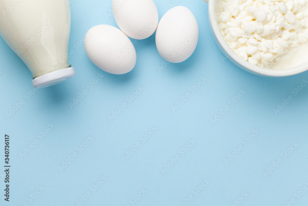 Dairy products, milk, cottage cheese and eggs