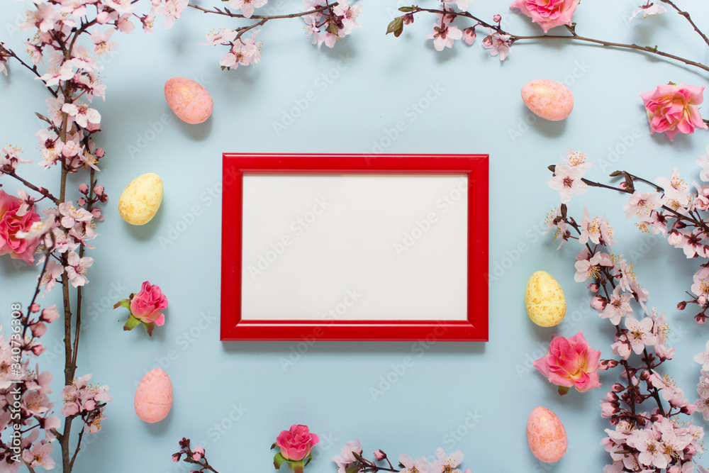 Easter template composition with red frame and empty blank space.