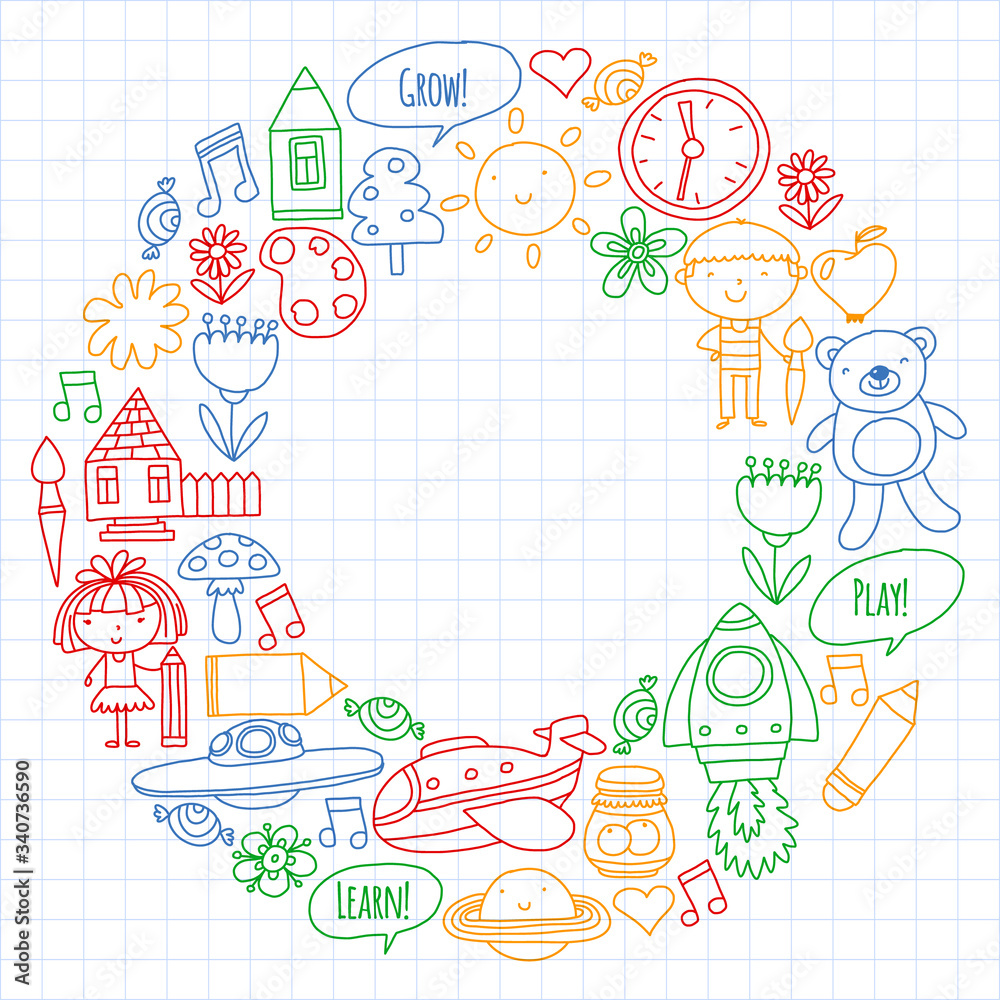 Vector icons and elements. Kindergarten, toys. Little children play, learn, grow together.